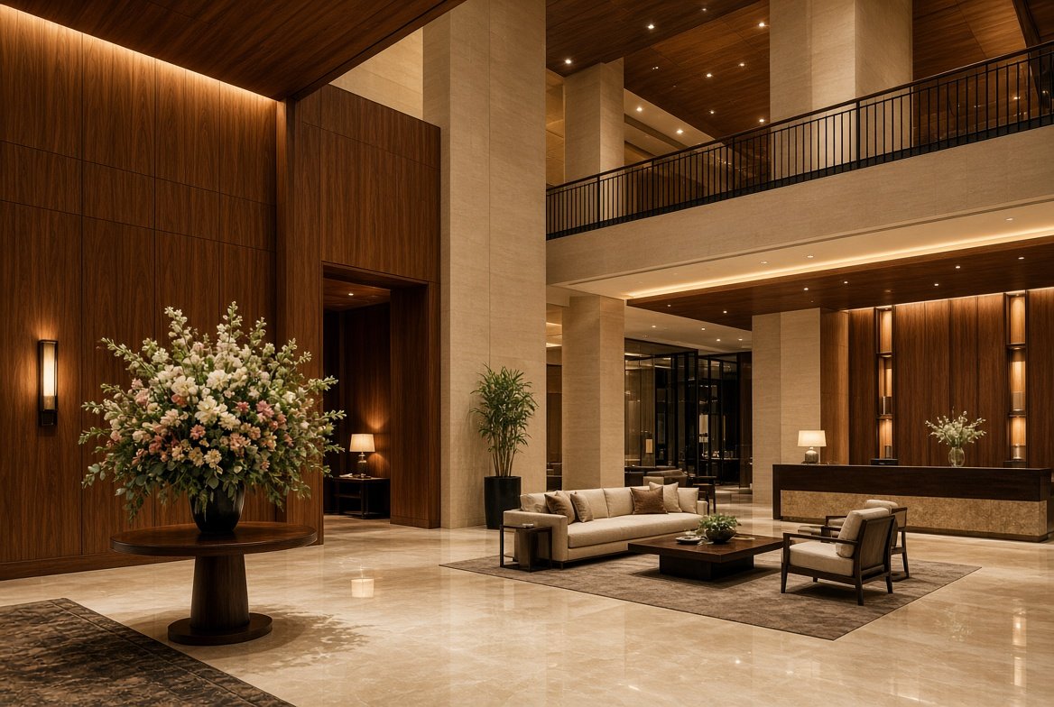 Lobby principal de Argensia con madera y piedra clara