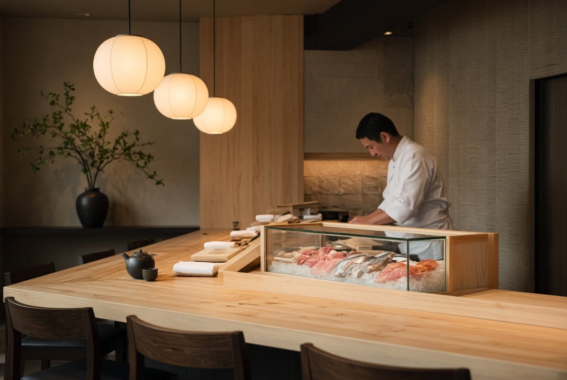 Barra de sushi con pescado fresco