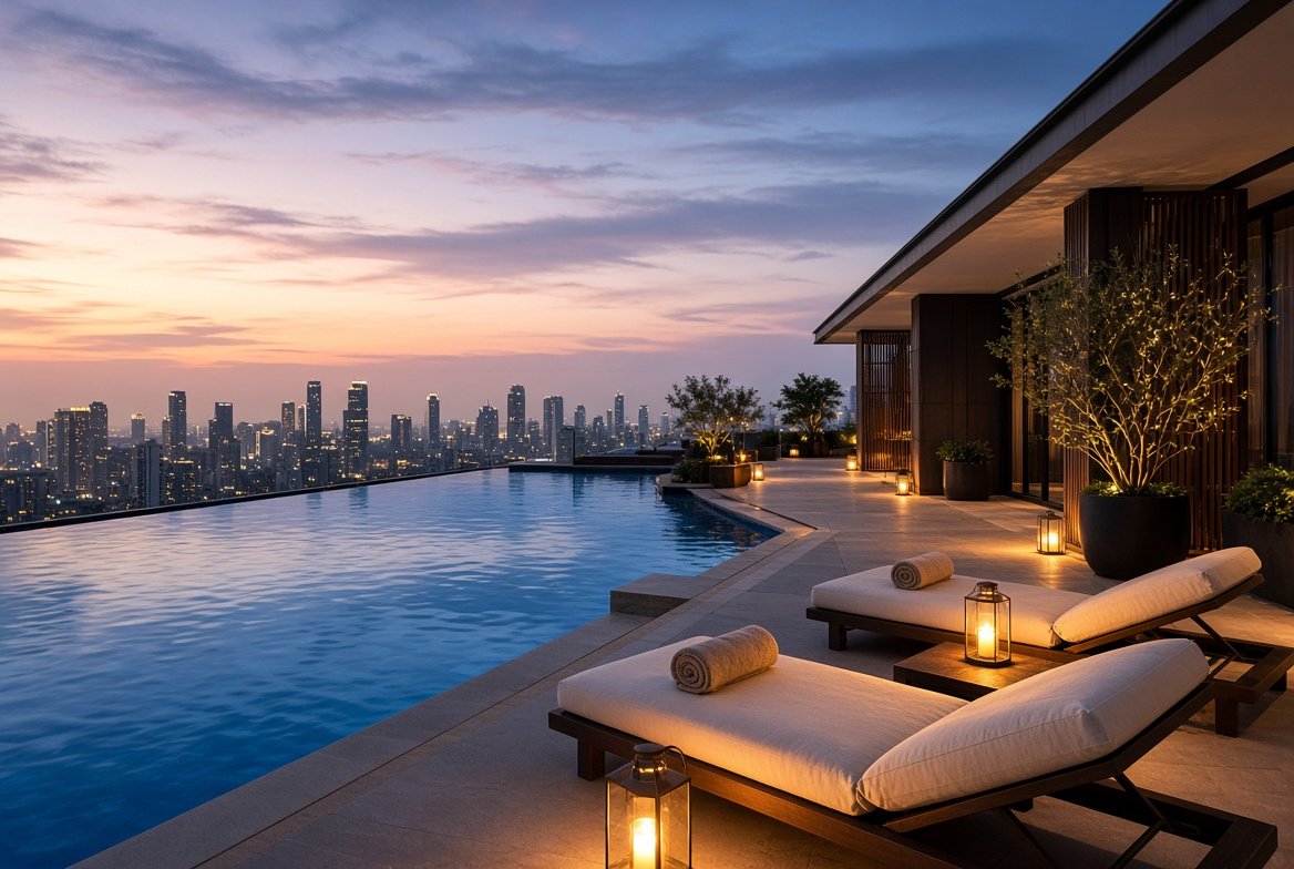 Piscina exterior de Argensia al atardecer